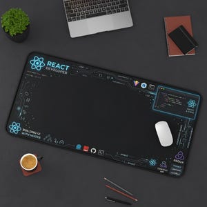 React Developer Desk Mat, Front-end Developer Desk Pad, JavaScript Workspace Mat, Codering Setup Gift, Software Engineer Decor afbeelding 3