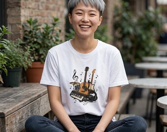 T-Shirt mit Instrumenten-Collage für Musikliebhaber – das perfekte Geschenk für Musiker