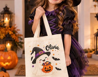 Personalized Halloween Trick or Treat Bag, Custom Name Kids Tote Bag, Halloween Candy Bag, Cute Ghost Pumpkin Tote
