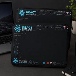May include: Two black laptop sleeves featuring a React developer theme. The design includes the React logo, circuit board patterns, code snippets like useEffect and useContext, and the text React Developer and Building UI with Hooks in blue and white.