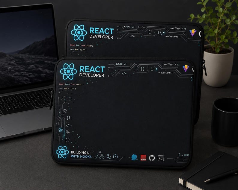 May include: Two black laptop sleeves featuring a React developer theme. The design includes the React logo, circuit board patterns, code snippets like useEffect and useContext, and the text React Developer and Building UI with Hooks in blue and white.