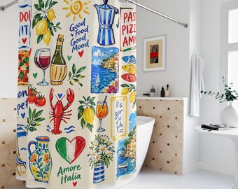 Italienischer Duschvorhang, mediterrane Badezimmerdekoration, Duschvorhang im Stil der Amalfiküste, italienische Dekoration, Badezimmer im Küstenstil, italienische Küchenkunst