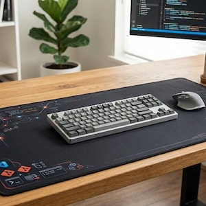 Puede incluir: Una alfombrilla de escritorio rectangular grande de color negro con un estampado gráfico colorido del logotipo de Angular, varios iconos de desarrollo de software y patrones de circuitos técnicos, situada sobre una superficie de escritorio de madera.