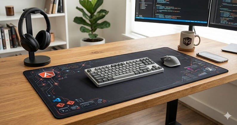 Puede incluir: Una alfombrilla de escritorio rectangular grande de color negro con un estampado gr&aacute;fico colorido del logotipo de Angular, varios iconos de desarrollo de software y patrones de circuitos t&eacute;cnicos, situada sobre una superficie de escritorio de madera.