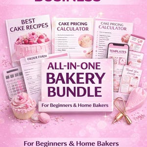 Puede incluir: Un gráfico rosa que promociona un paquete de negocios de panadería. La imagen incluye un pastel, una magdalena, una calculadora y documentos etiquetados como "Mejores recetas de pasteles" y "Calculadora de precios de pasteles". El texto dice "Comienza tu negocio de repostería" y "Paquete de panadería todo en uno".