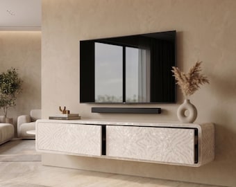 mother of pearl inlay Floating Media Console 2 Drawer Geometric Wall Mounted TV Unit