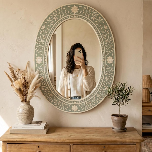 Salie groene bloemen ovale spiegel been inlegwerk handgemaakte wandijdelheid decor
