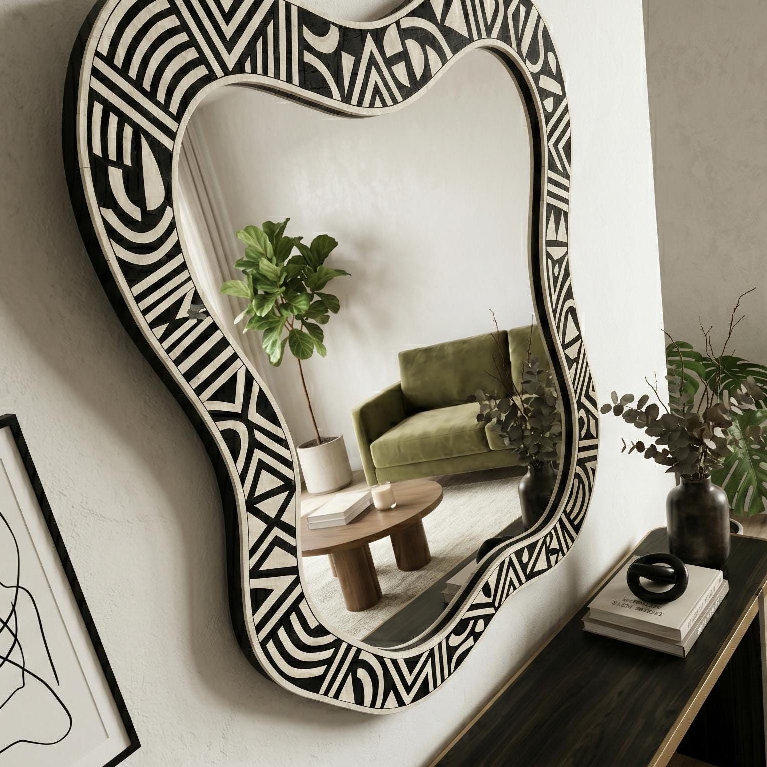 handmade Wall Mirror Organic Shape Bone Inlay Asymmetrical Vanity Decor | antique mirror - Detail Close-up