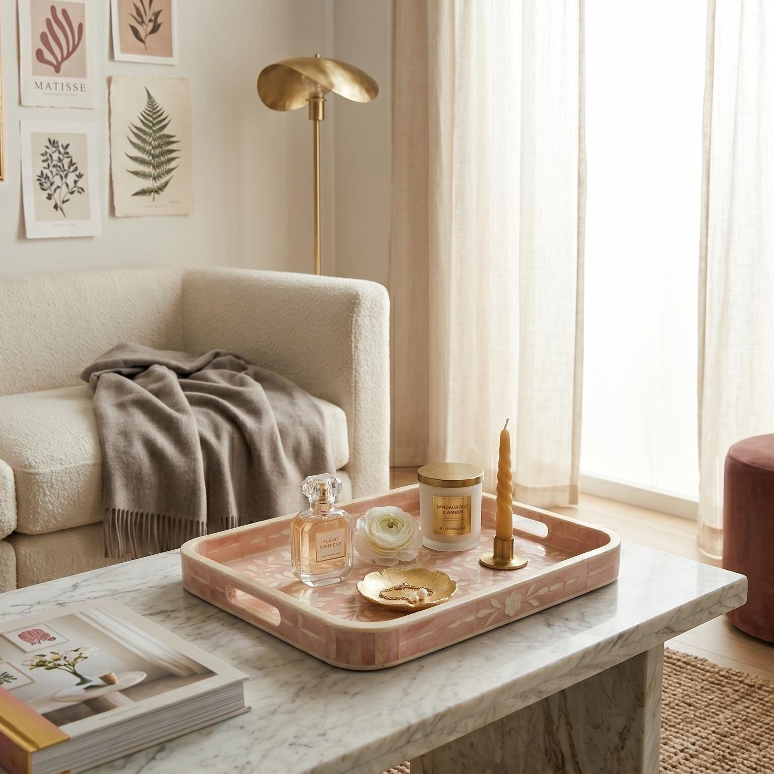Blush Pink Floral Bone Inlay Tray Rounded Edge Serving & decorativeTray - Full Profile