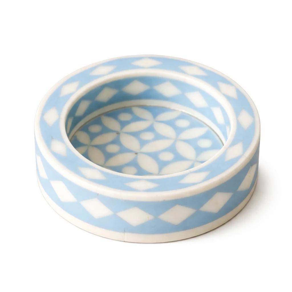 Soft Blue Bone Inlay Trinket Tray Round Jewelry Dish Handmade Vanity Decor - Full Profile