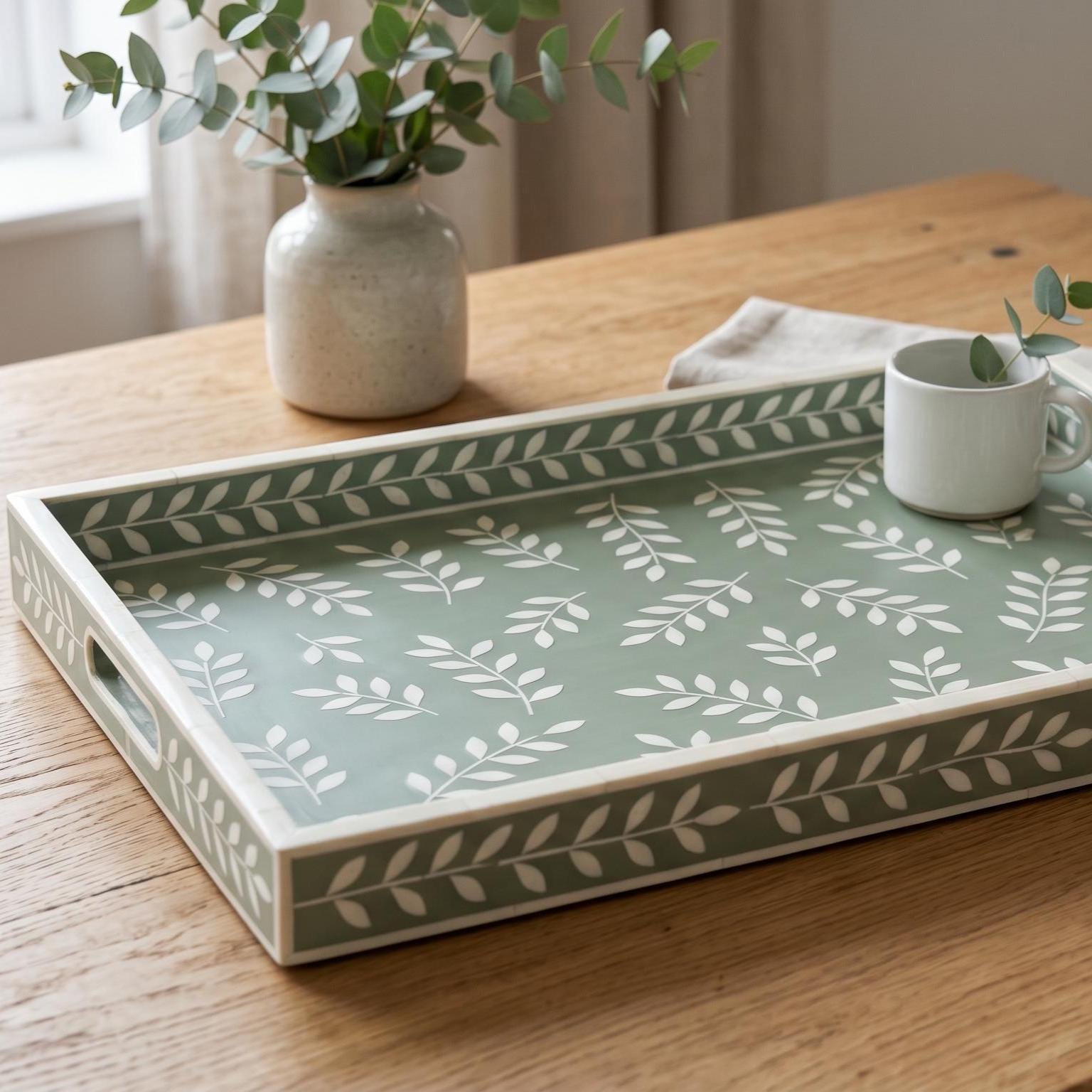 Bone Inlay Serving Tray Delicate Leaf Handmade Decorative Tray - Side Angle