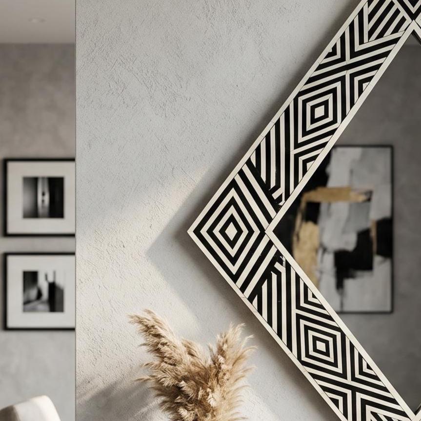 Diamond Bone Inlay Mirror, Black White Geometric Wall Decor, Handmade Vanity Piece | unique mirror - Side Angle