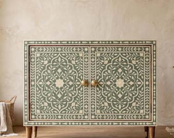 Sage Green Bone Inlay Bar Cabinet Floral Handmade Storage Cabinet