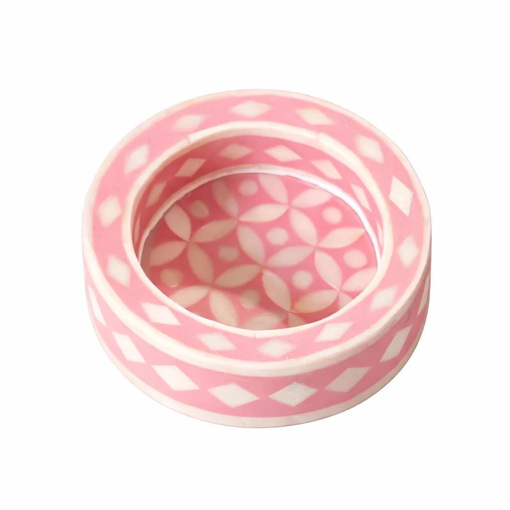 Pink Bone Inlay Trinket Tray Round Jewelry Dish Handmade Vanity Decor - Room Setting