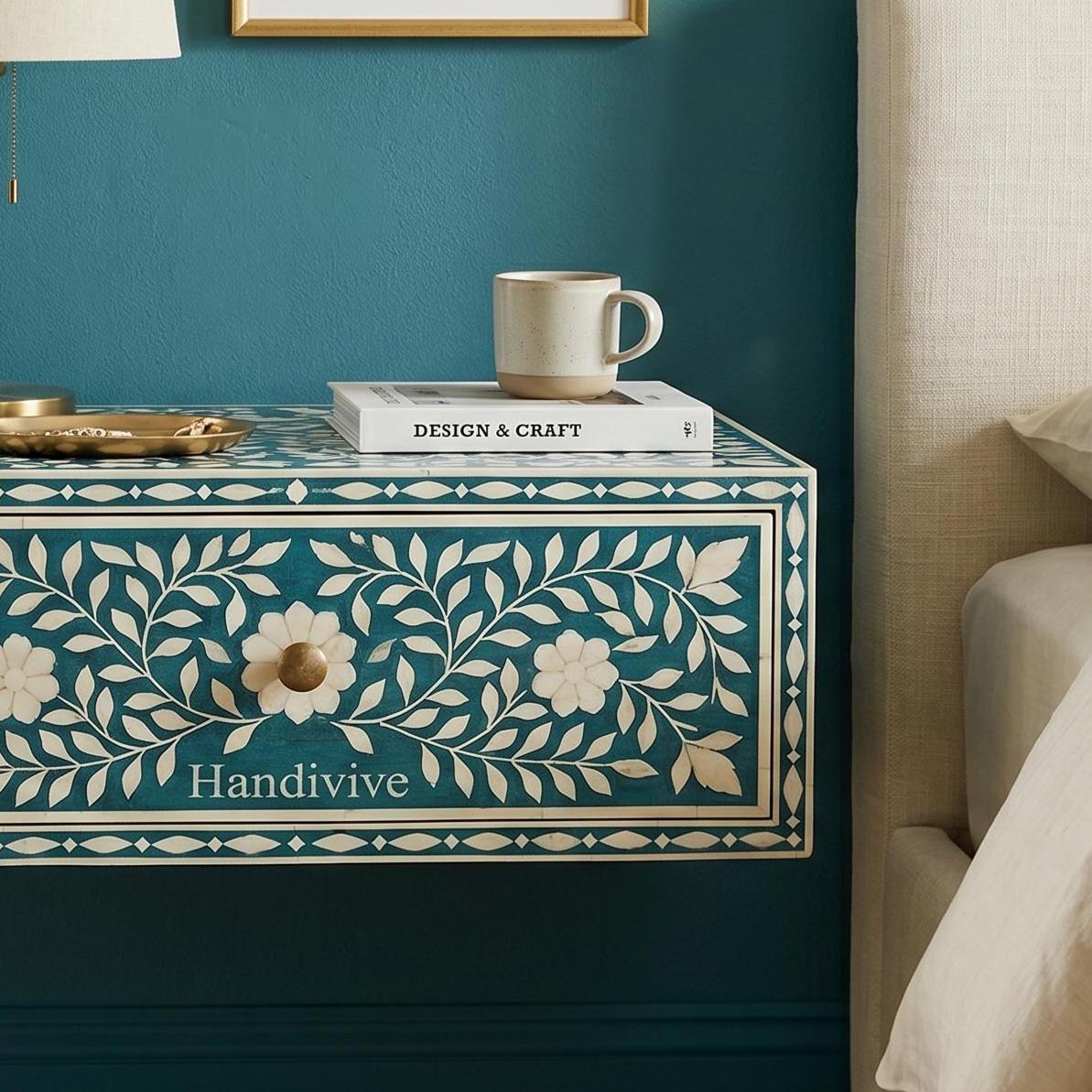 Wall Mounted Bone Inlay Bedside Table Deep Turquoise floral Design - Alternate View 1