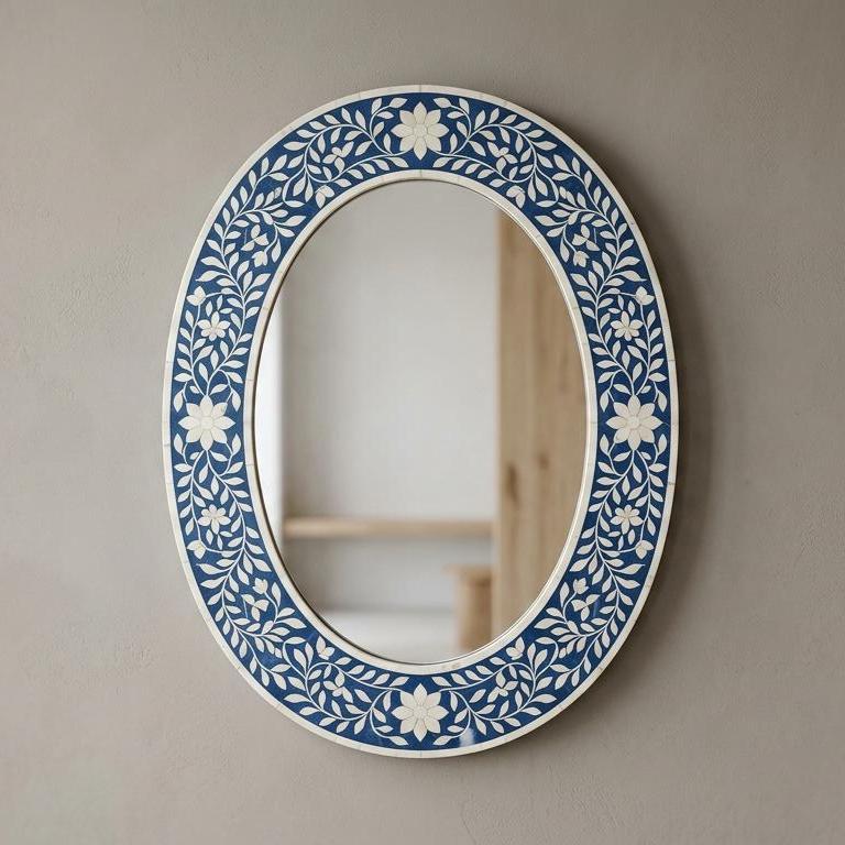 Blue Bone Inlay Oval Floral Wall Mirror Handmade Luxury Boho Home Decor  | unique mirror - Room Setting