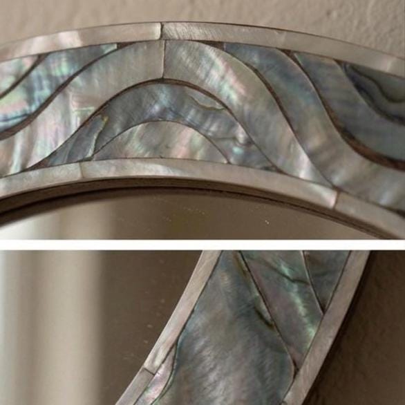 Oval Mother of Pearl Inlay Mirror, Handcrafted Floral Coastal Vanity Accent - Room Setting