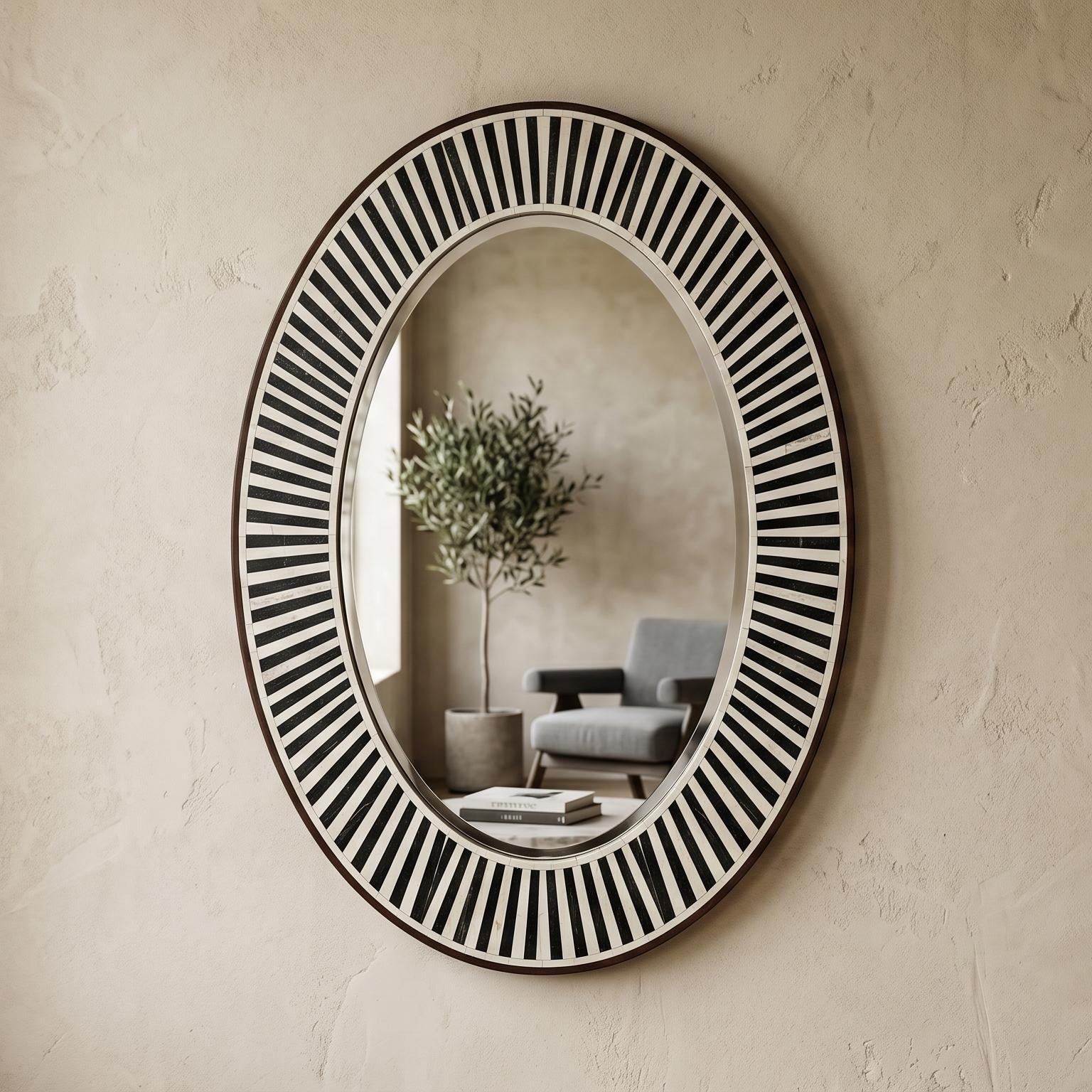 Oval Bone Inlay Mirror Black White Stripe Vanity Decor - Full Profile