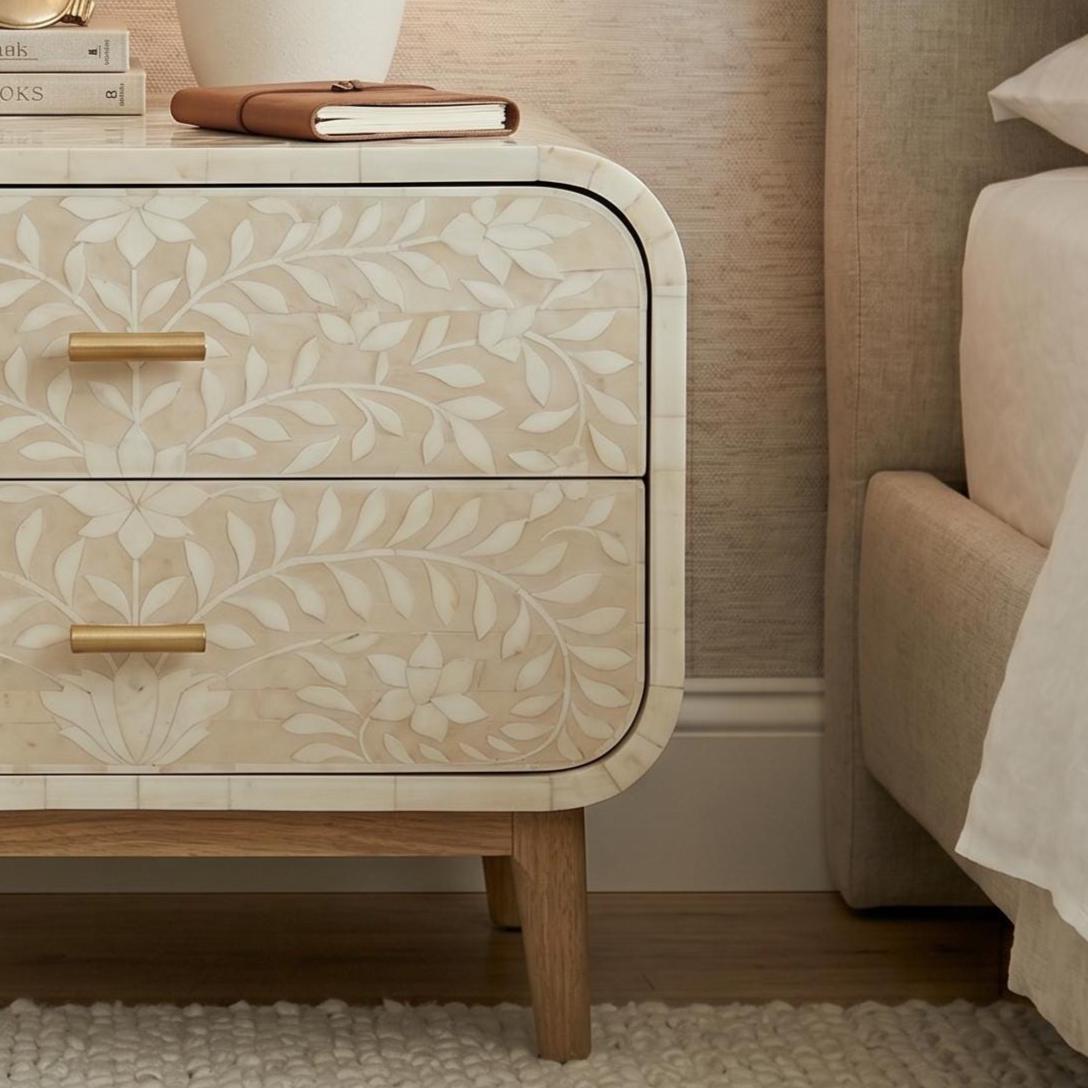 Bone Inlay floral Curved Bedside Table Floral Handmade Nightstand - Full Profile