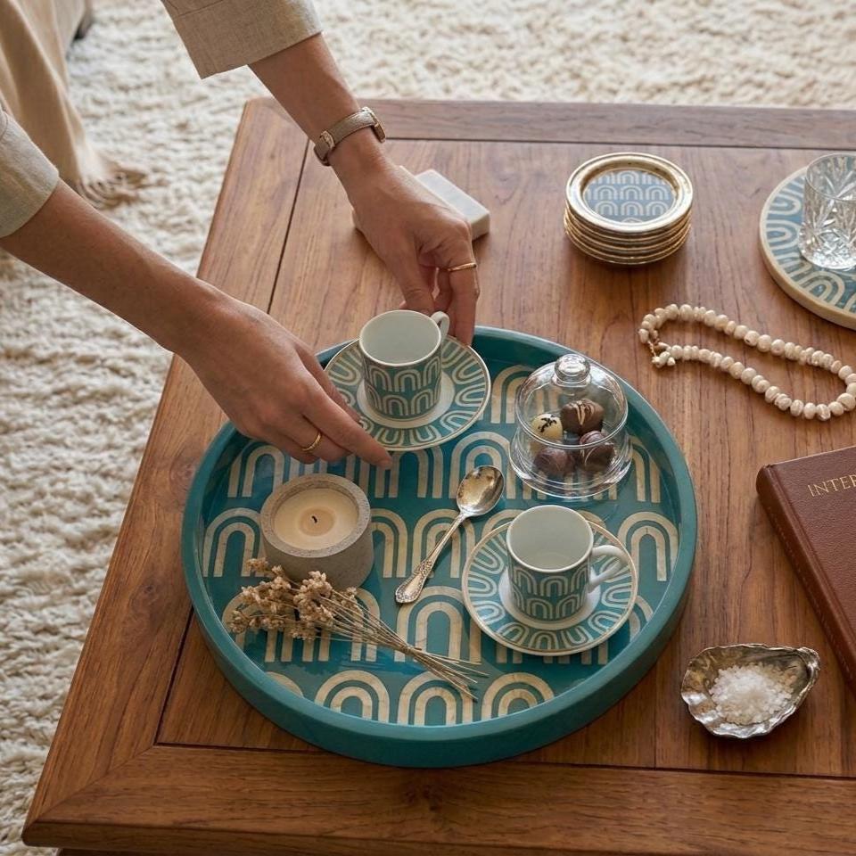 Turquoise Bone Inlay Round Tray Handmade Luxury Serving Tray - Room Setting