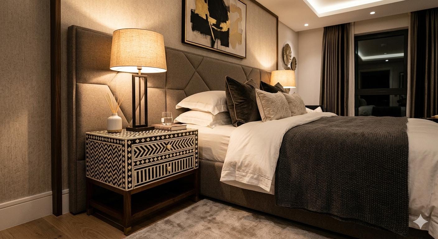 Geometric Bone Inlay Nightstand Storage , end table unique bedside - Alternate View 1