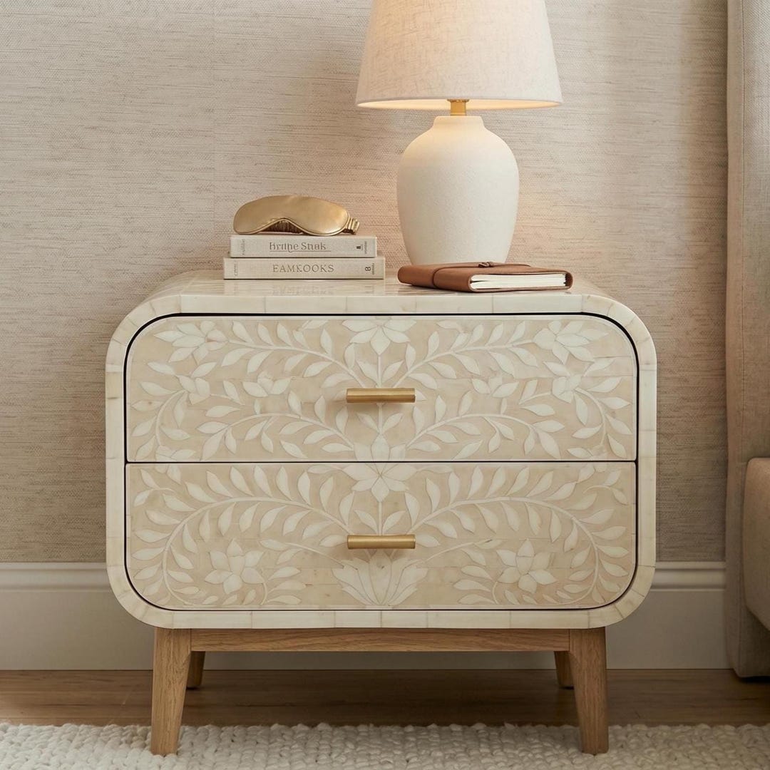 Bedside Table Patterned Bone Inlay Floral Curved Bedside Table Floral Handmade Nightstand - Etsy