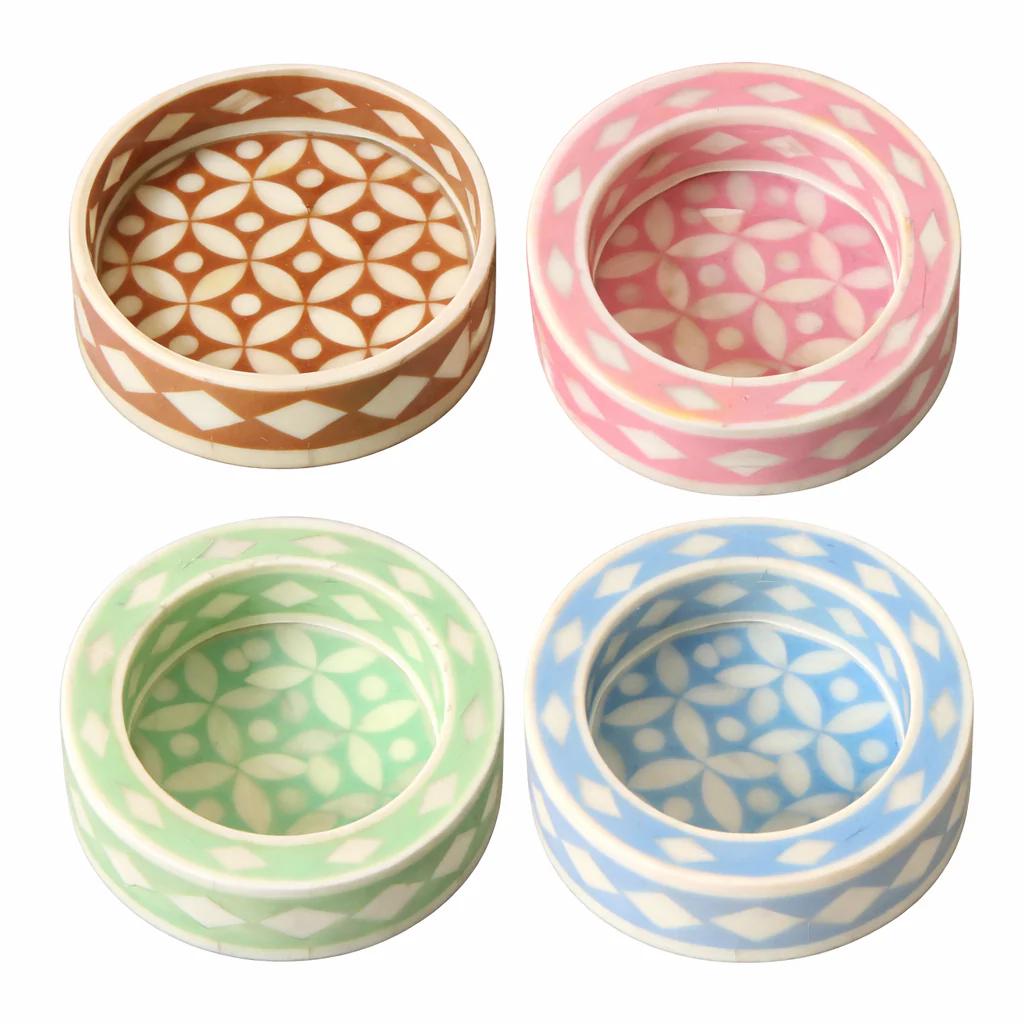 Pink Bone Inlay Trinket Tray Round Jewelry Dish Handmade Vanity Decor - Full Profile