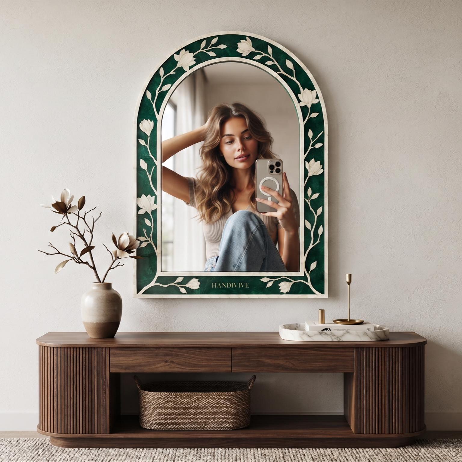 Emerald Green Magnolia Bone Inlay Arch Mirror Handmade - Room Setting