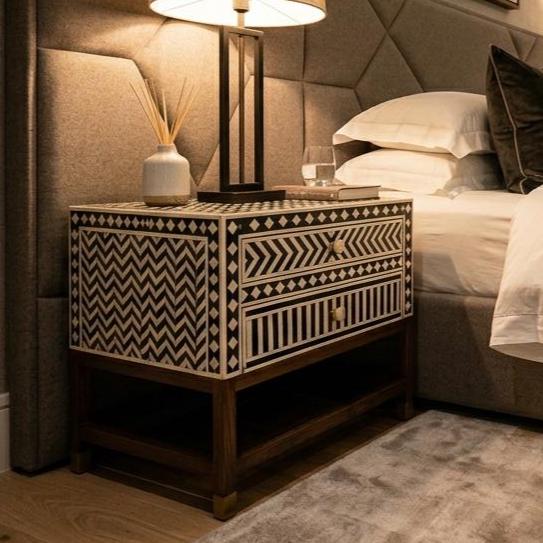 Geometric Bone Inlay Nightstand Storage , end table unique bedside - Side Angle