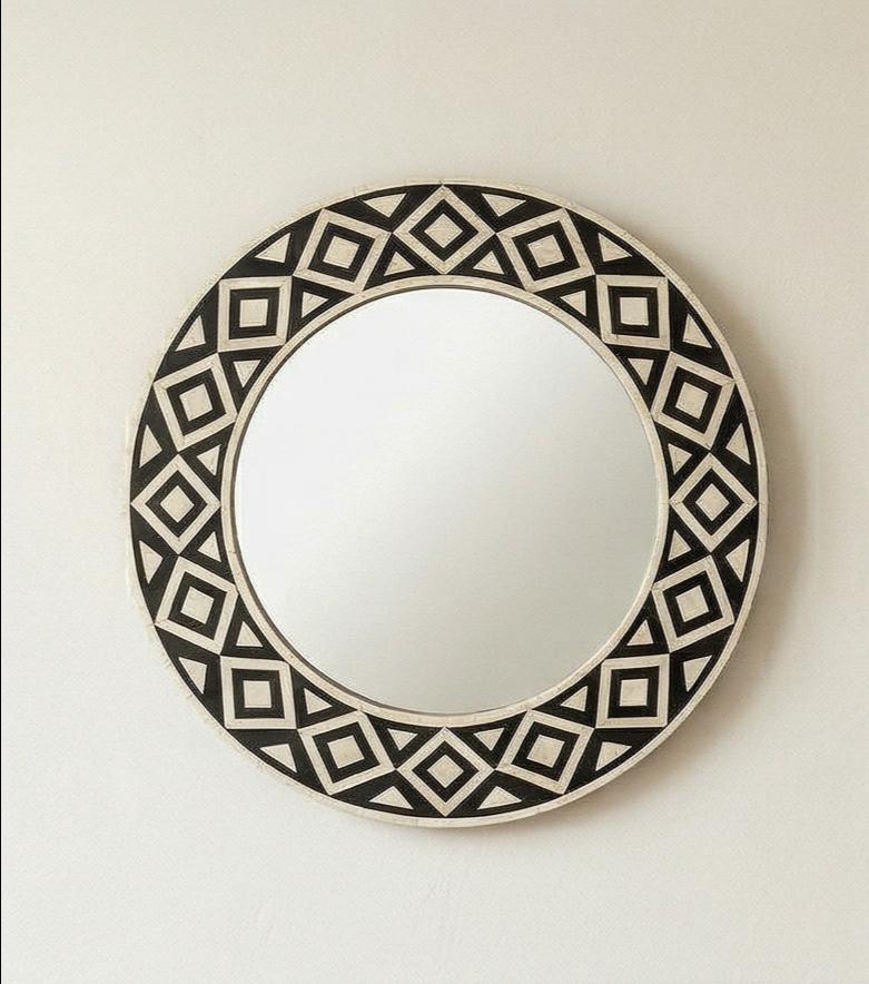 Black White Bone Inlay Mirror – Round Geometric Handmade Modern Wall Decor |unique mirror - Full Profile