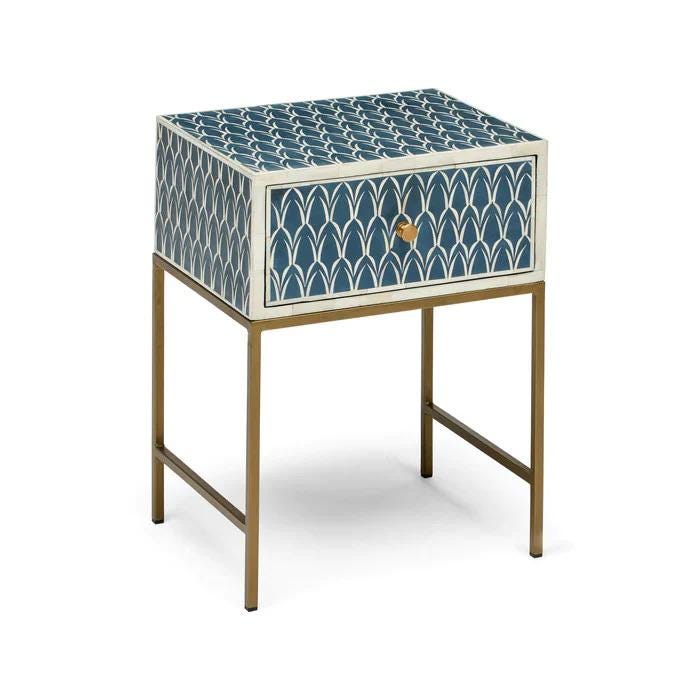 Indigo Bedside Table One Drawer Bone Inlay Metal Legs Arched Nightstand - Room Setting