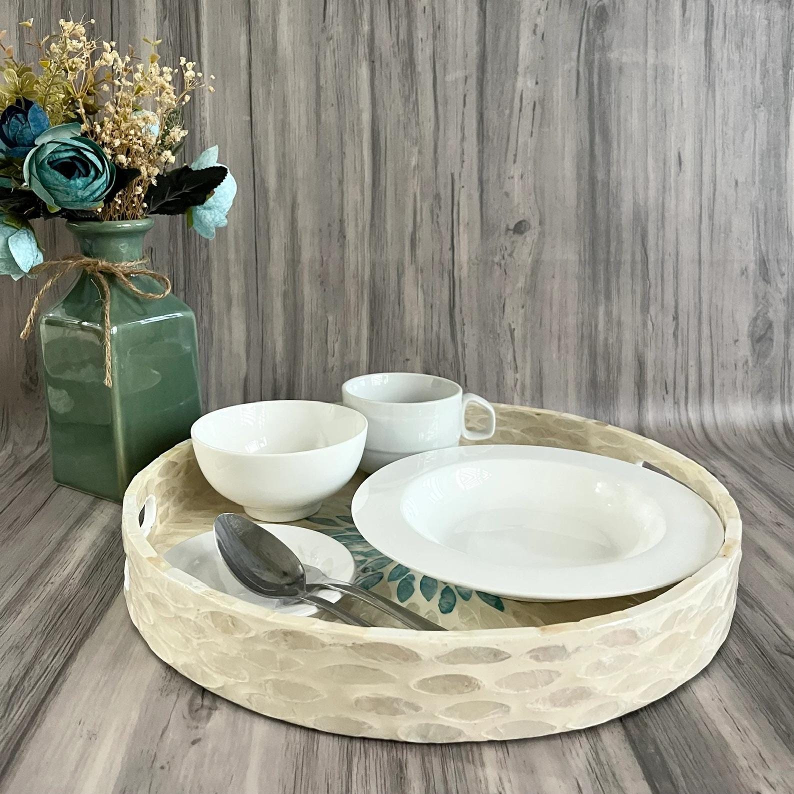 Mother of Pearl Mosaic Round Tray Handmade Home Decor - Alternate View 1