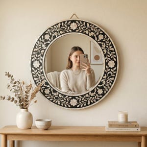 Blumen MOP Inlay Runder Spiegel Schwarz Wand Eitelkeitsdekor