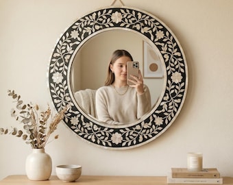 Espejo redondo con incrustaciones florales de nácar, decoración de tocador de pared negra