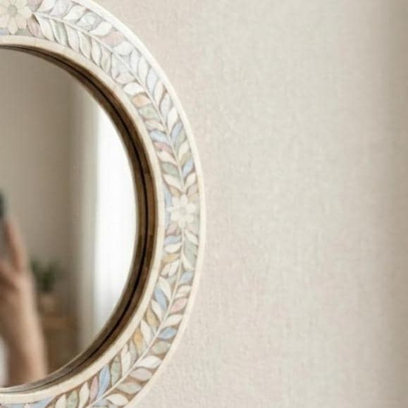 Oval Bone Inlay Floral Mirror – Boho Home Decor, Artisan Crafted Ivory Floral Wall Accent - Alternate View 1
