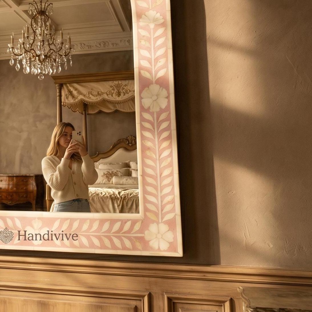 Floral Arch Mirror Pink Bone Inlay Wall Hanging Decor - Room Setting
