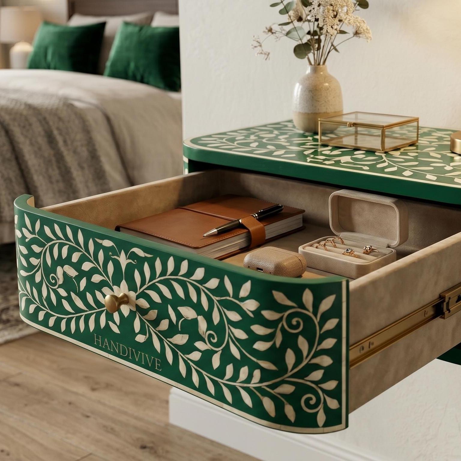 Floating Emerald Green Bone Inlay Nightstand Wall Mounted - Detail Close-up