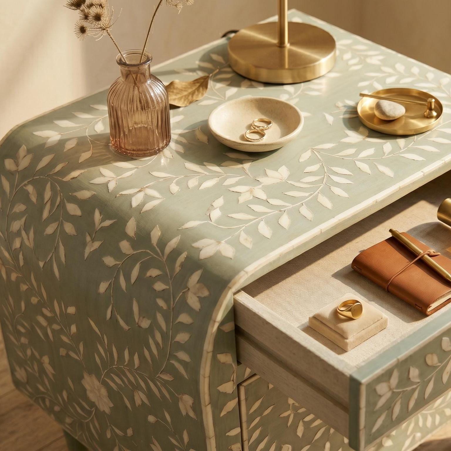 Sage Green Bone Inlay Nightstand Rounded Luxury Design - Detail Close-up