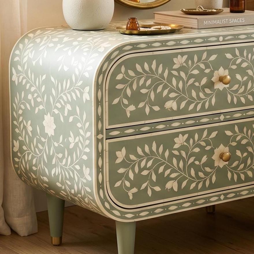 Sage Green Bone Inlay Nightstand Rounded Luxury Design - Full Profile
