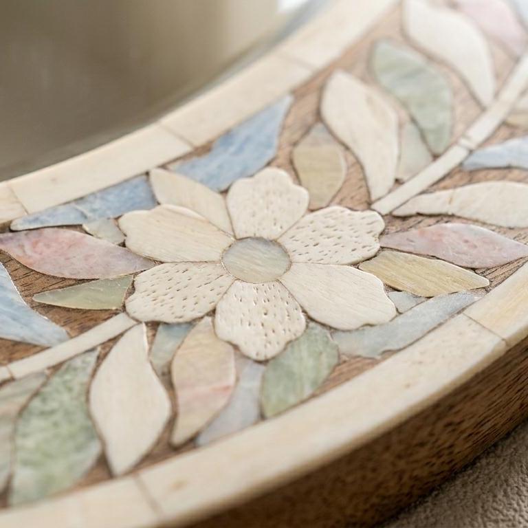 Oval Bone Inlay Floral Mirror – Boho Home Decor, Artisan Crafted Ivory Floral Wall Accent - Alternate View 2