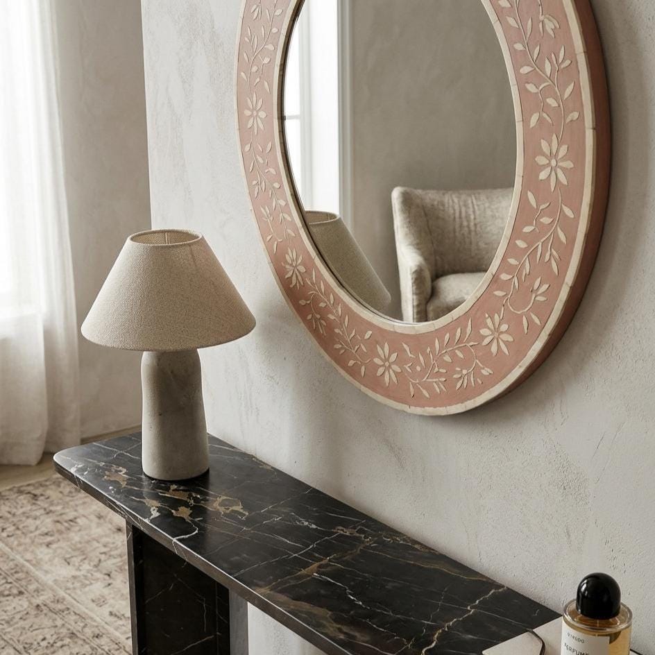 Blush Pink Bone Inlay Mirror – Minimal Floral Round Handmade Wall Decor - Side Angle