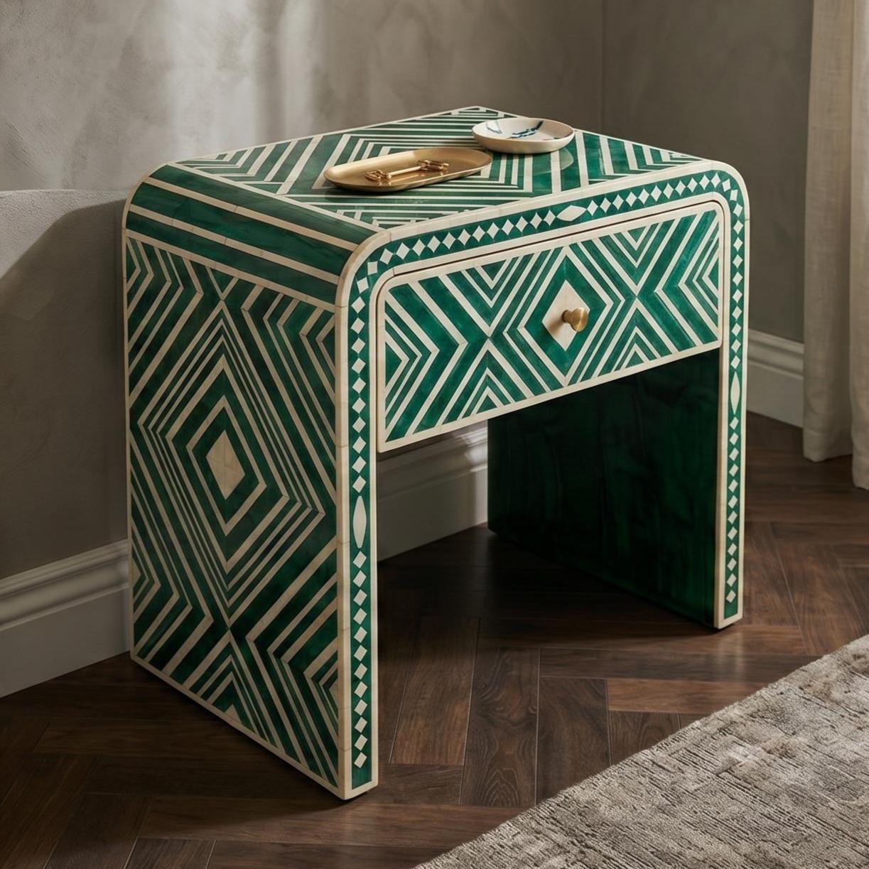 Emerald Green Bone Inlay Bedside Table Geometric Waterfall Design - Alternate View 2