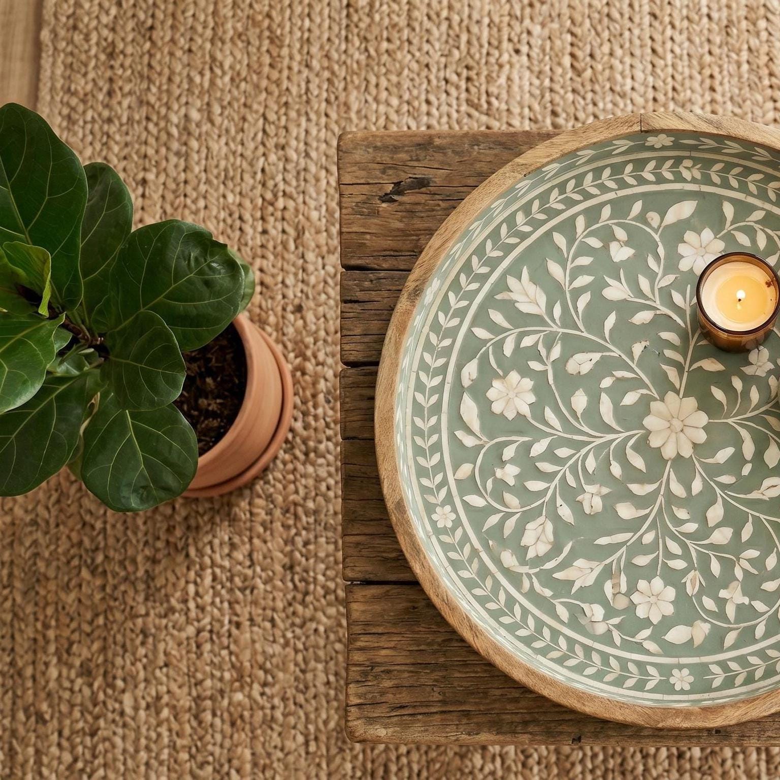 Sage Green Bone Inlay Round Tray Floral Vine Serving Tray vanity Decor - Room Setting