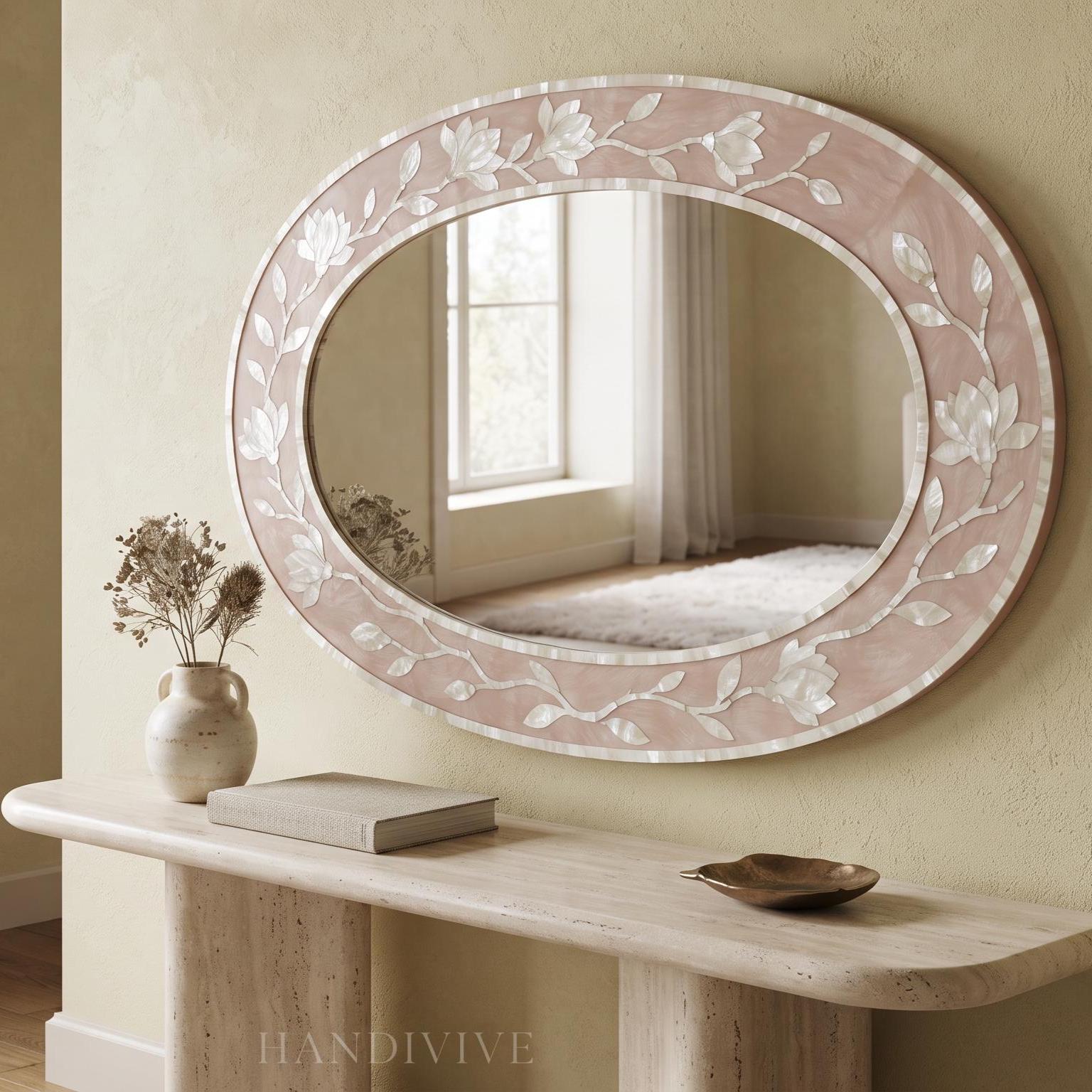 Oval Mother of Pearl Inlay Mirror Dusty Blush Pink , Magnolia Garden MOP Wall Mirror - Alternate View 1