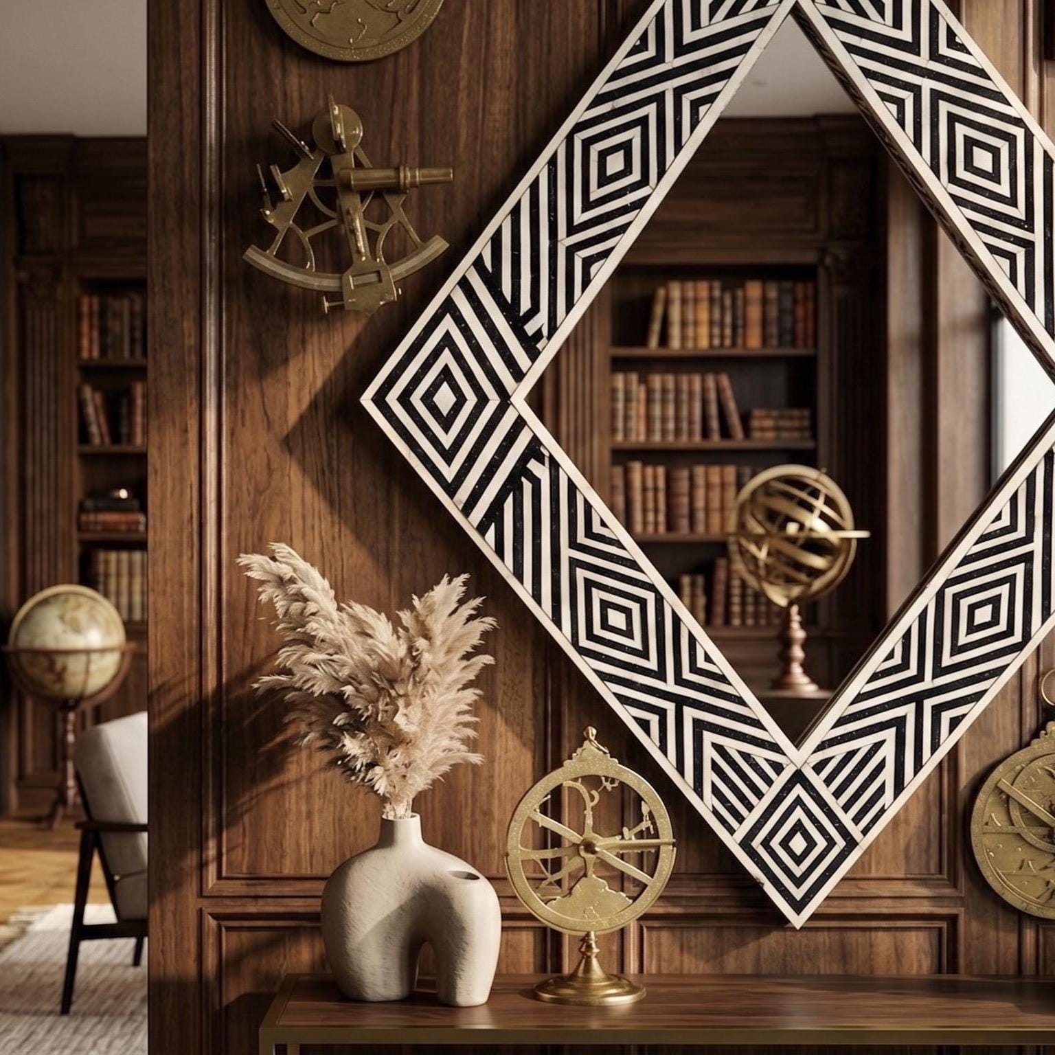 Diamond Bone Inlay Mirror, Black White Geometric Wall Decor, Handmade Vanity Piece | unique mirror - Room Setting