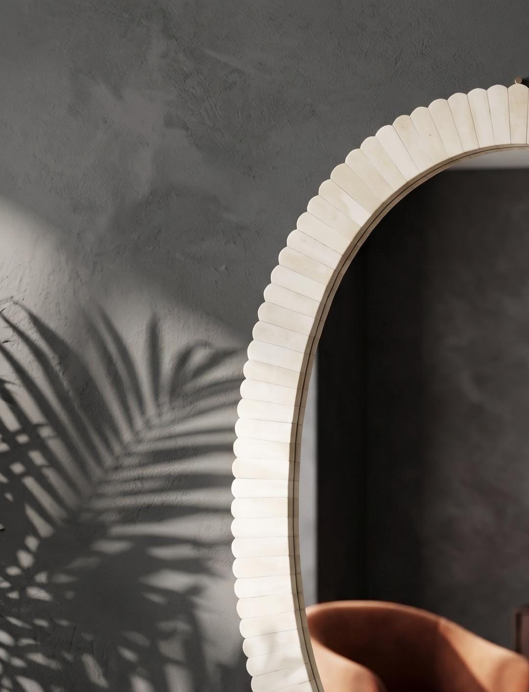 Oval Bone Inlay Mirror, Handmade Luxury Bathroom Vanity Decor, Antique Style Wall Mirror - Detail Close-up
