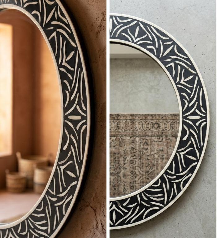 Handcrafted Bone Inlay Mirror | Half Plain, Half Abstract Pattern, Modern Design - Room Setting