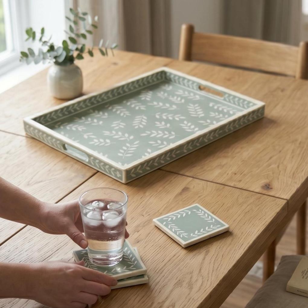Bone Inlay Serving Tray Delicate Leaf Handmade Decorative Tray - Full Profile
