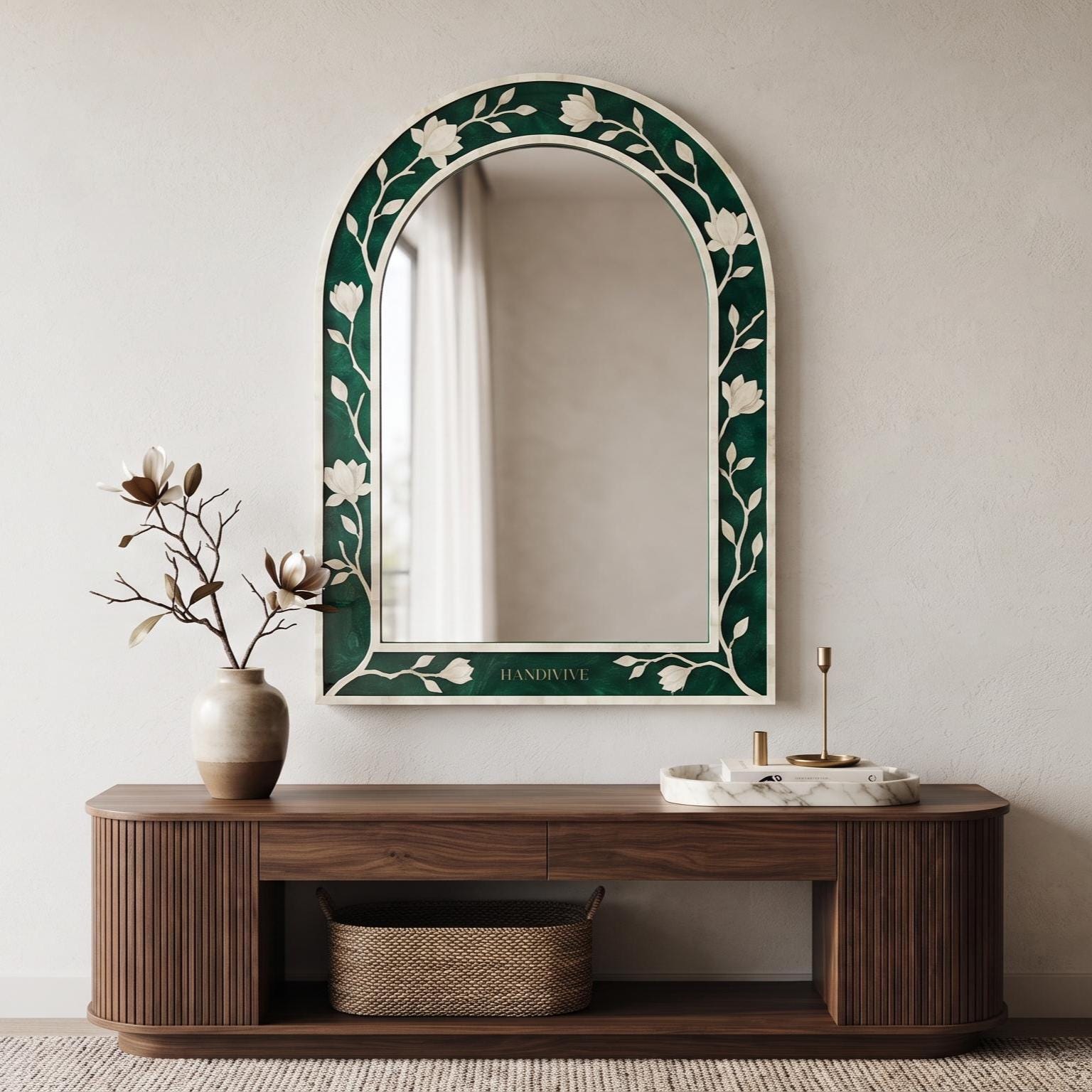 Emerald Green Magnolia Bone Inlay Arch Mirror Handmade