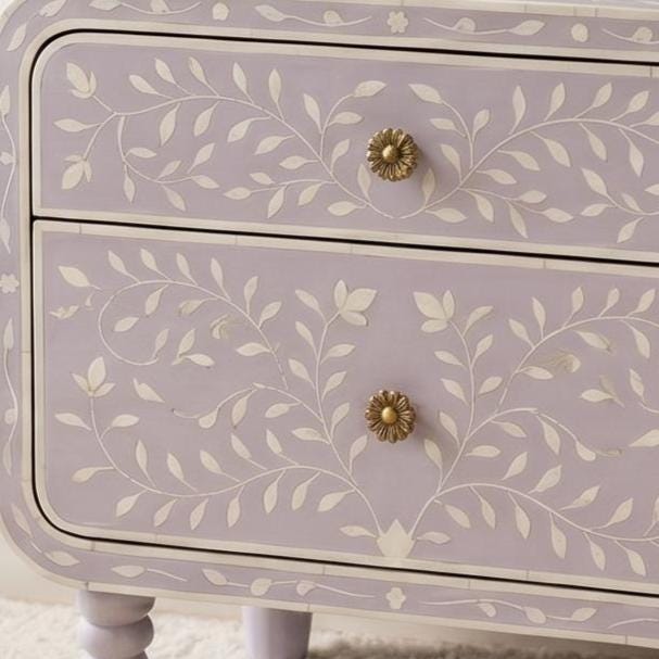 Lavender Bone Inlay Nightstand Floral Vine Pattern side table bedside - Room Setting